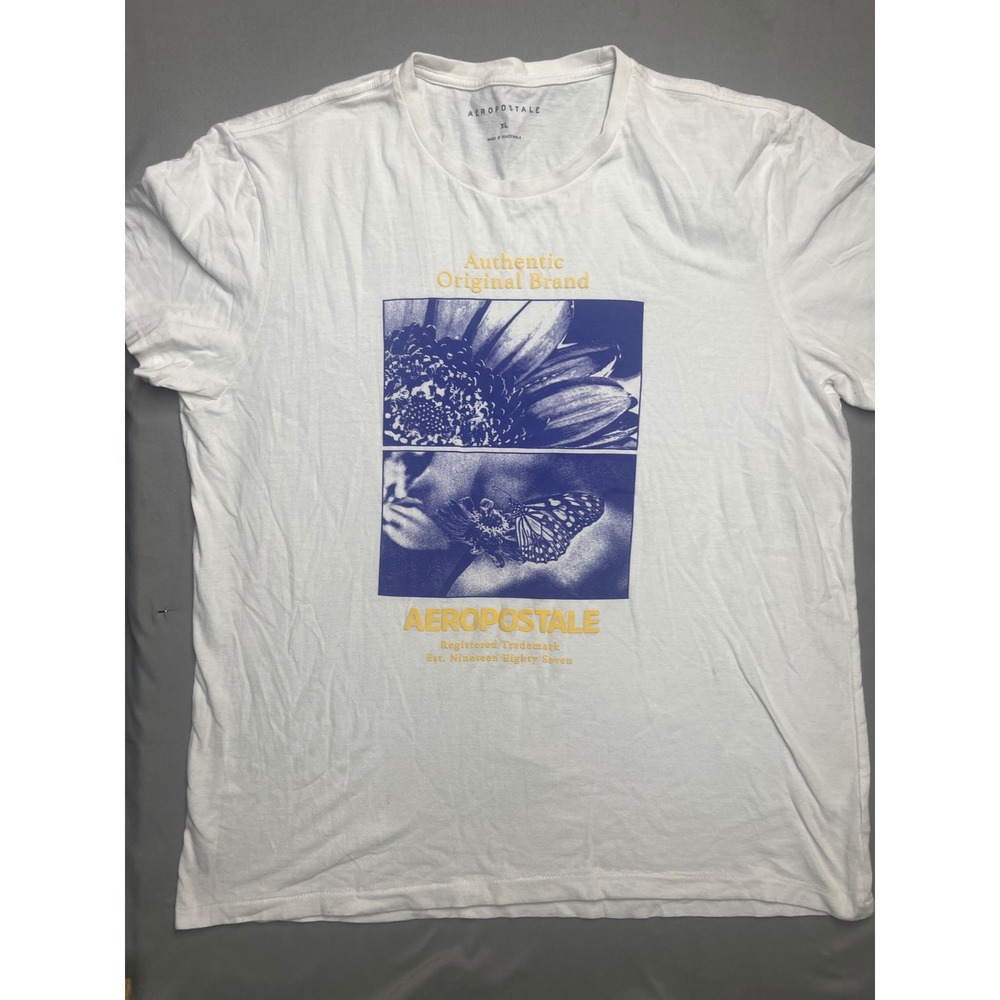 Aeropostale Mens XL White Graphic T-Shirt Sunflower Butterfly Cotton Tee